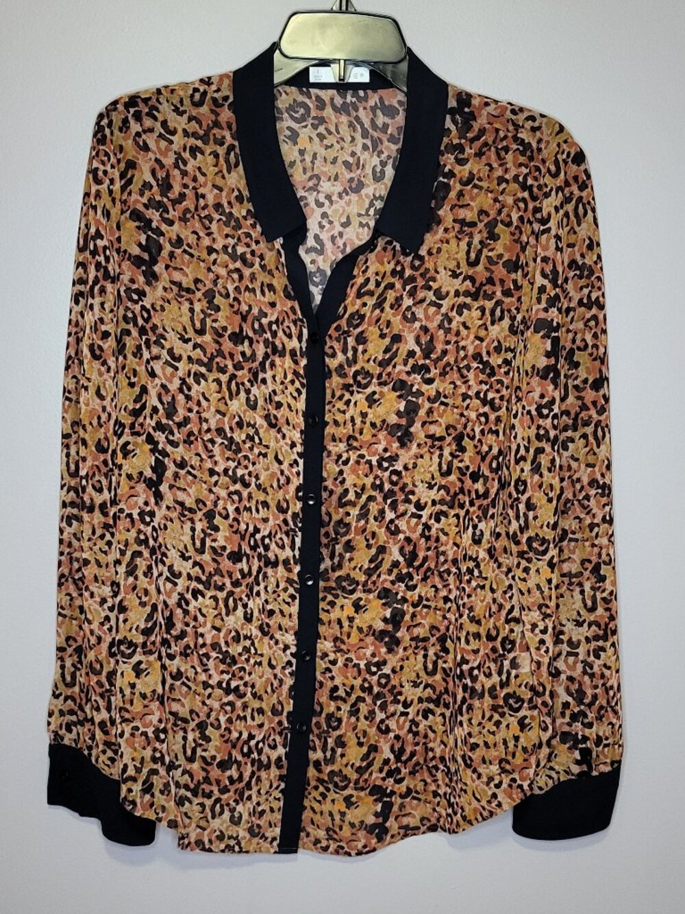 Hinge Leopard Animal Print Button Front Blouse Black Trim Size 1 (Small)